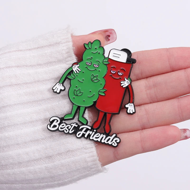 Best Friends Enamel Pins Custom Tobacco Leaf Lighter Brooches Lapel